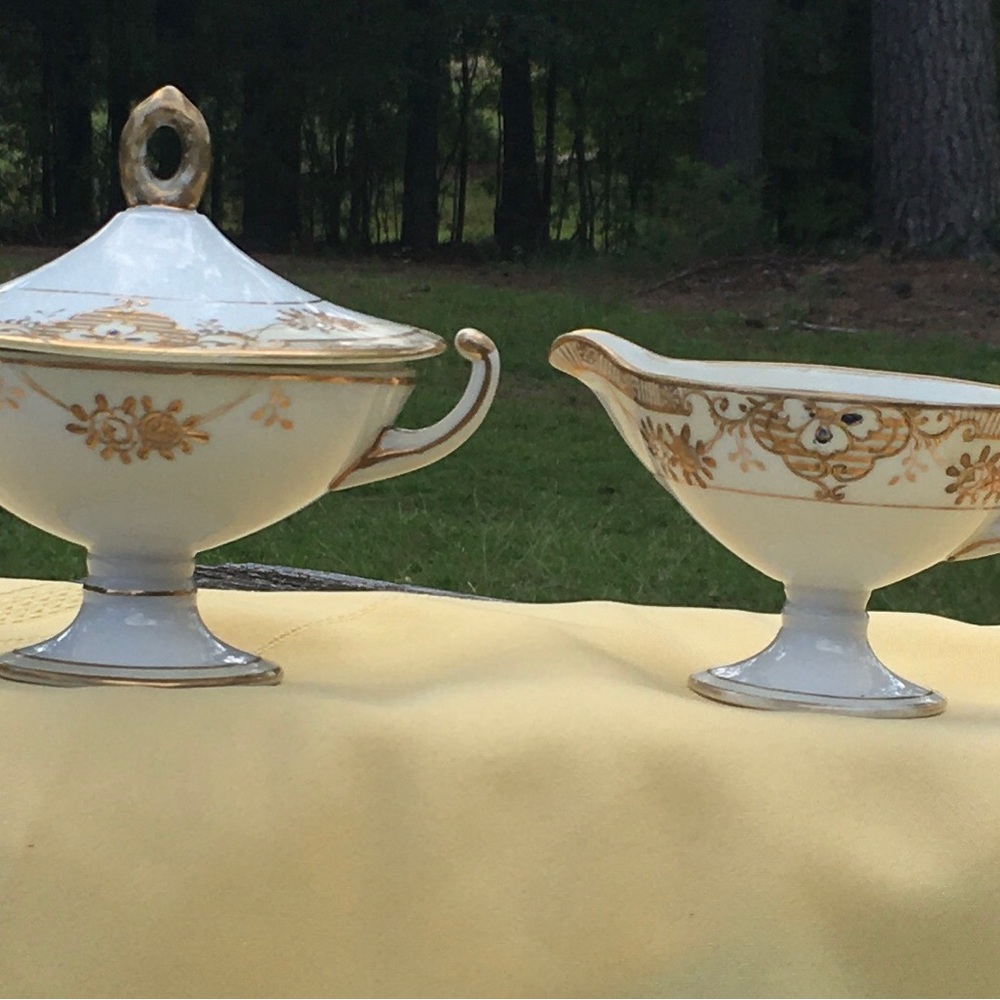 Antique Victorian Sucrier Porcelain Sugar & Creamer set Hand painted ca 1800’s